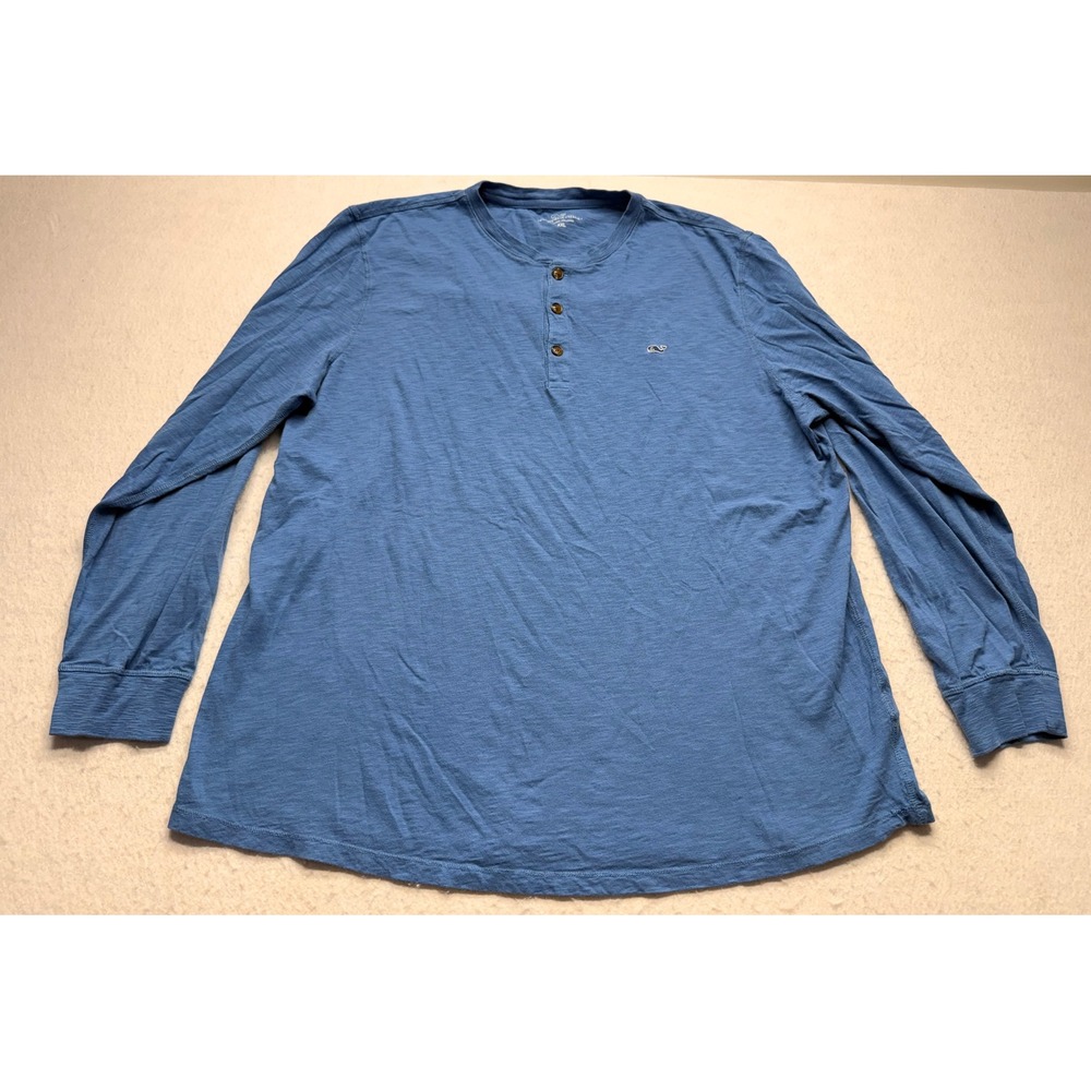 Vineyard Vines Mens XXL Blue Slub Cotton Long Sleeve Henley Whale Logo Shirt
